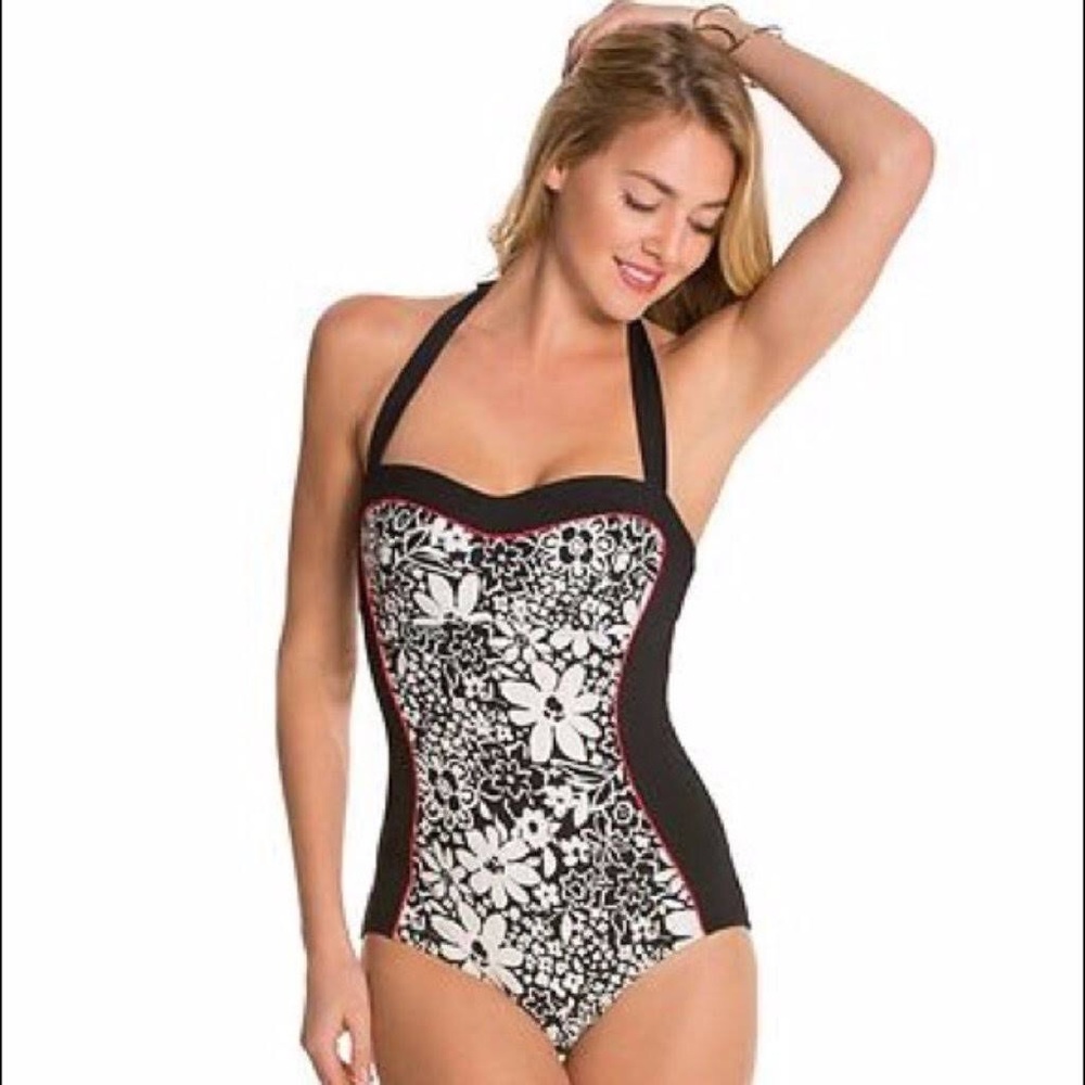 Kate Spade Saint Tropez Black White Floral Halter Retro Swimsuit One Piece L 14